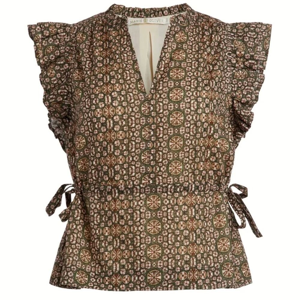 Olive Green Shibori Print Ruffle Sleeve Tie Waist Cotton Blouse Marie Oliver S